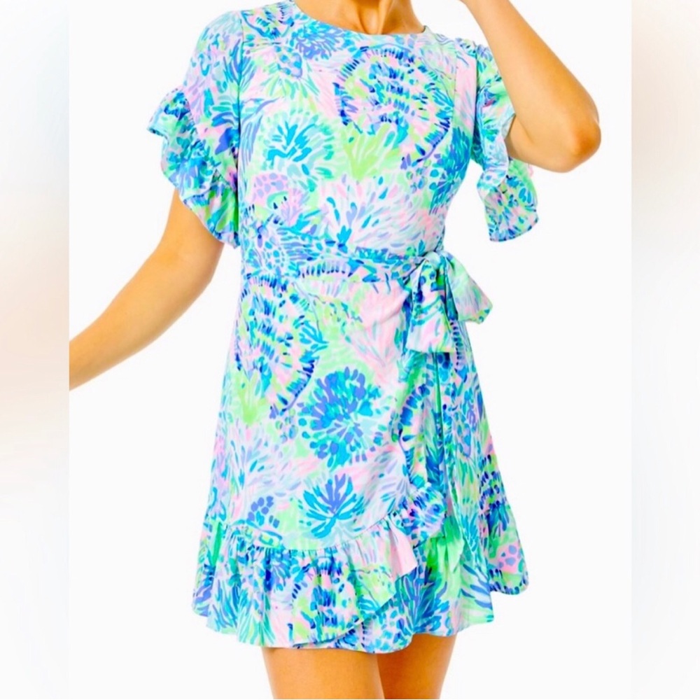 Lilly Pulitzer Darlah Ruffle‎ Wrap Dress Shell of a party green purple Size 0